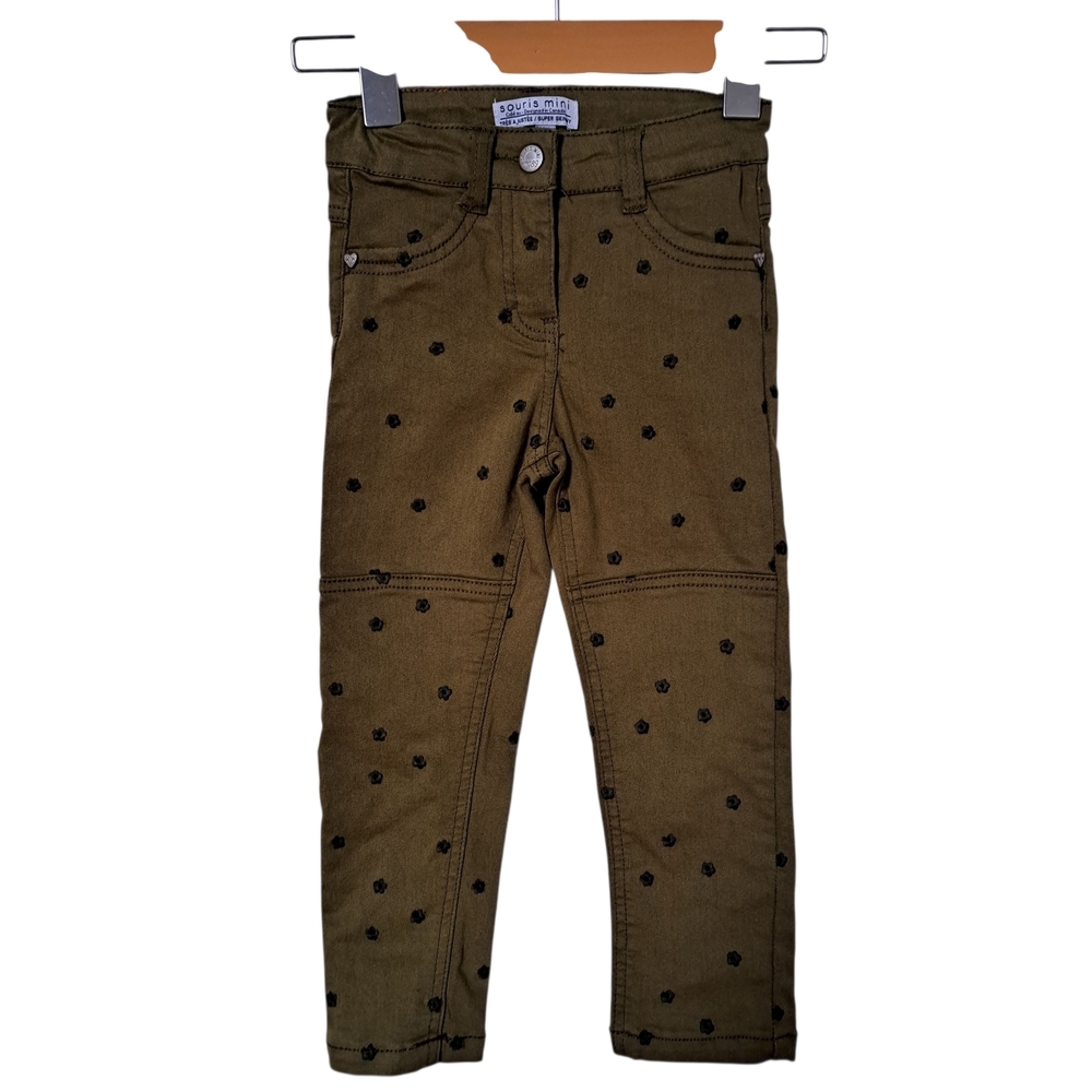 3/25$ Souris Mini Girls Super Skinny Pants Olive Green Floral Embroidered Size 5
